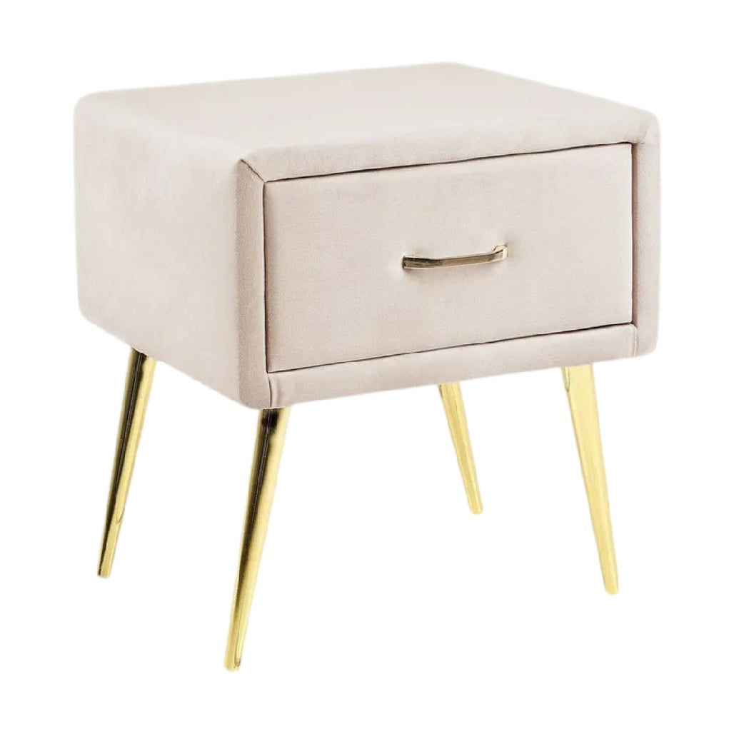 **Table de chevet moderne en velours beige avec tiroir et pieds dorés**